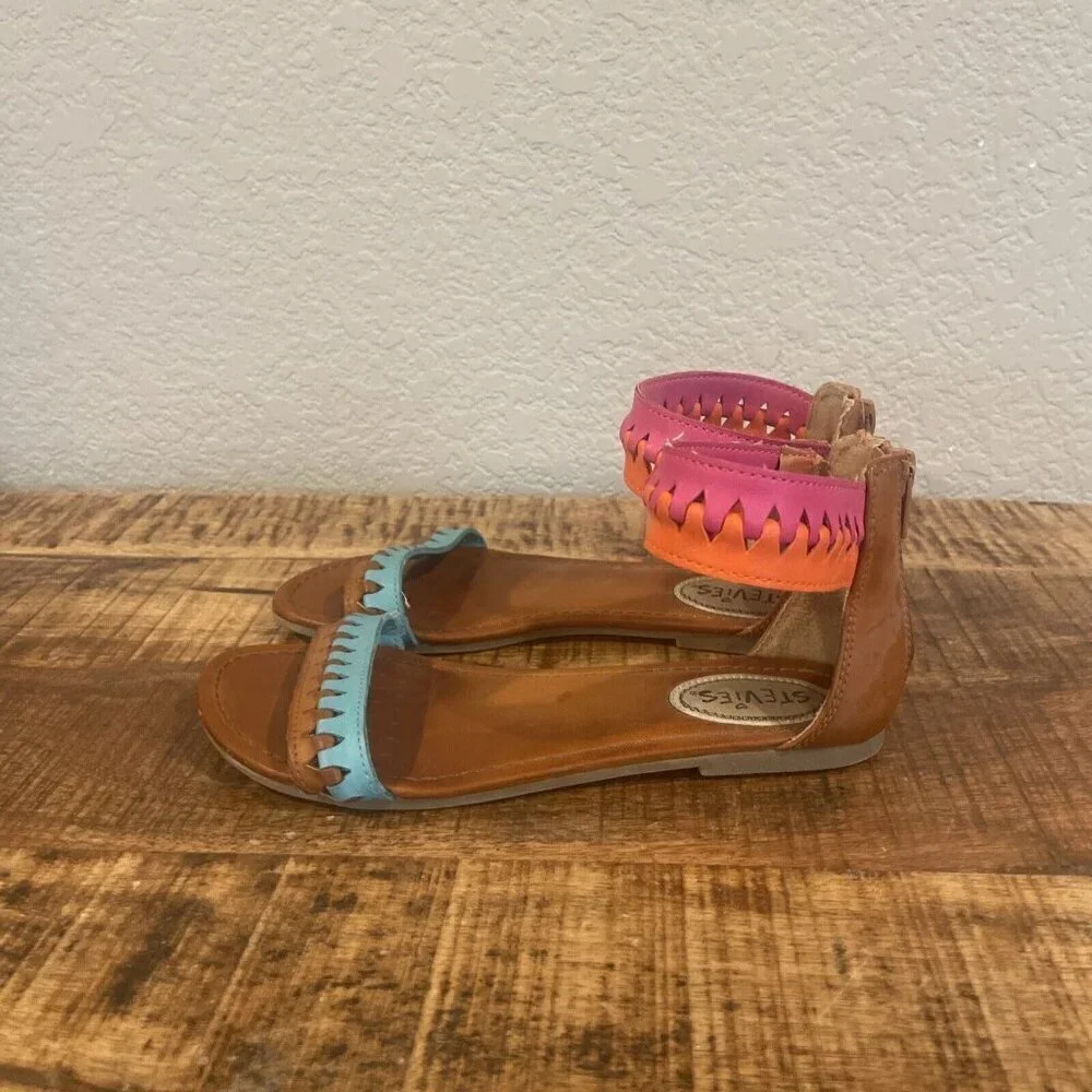Stevies Girls 3 Tribal Gal Sandals Brown Pink Blue Ankle Strap Flats Open Toe